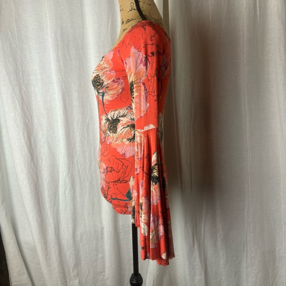 Free People Birds of Paradice Coral Orange Floral Off The Shoulders Bell Sleeve - Picture 5 of 10
